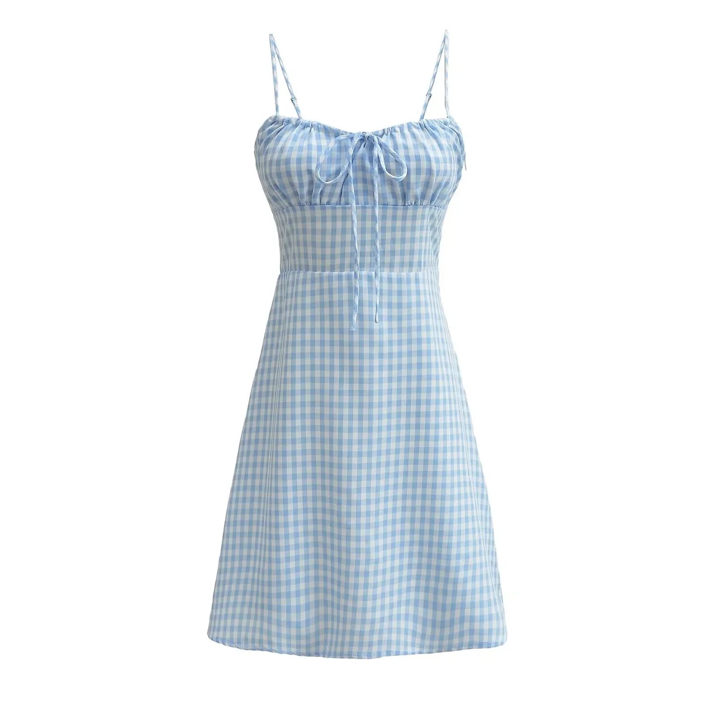 Foridol Spaghetti Strap Tie Up Plaid Dress Women Summer Beach Midi Sundress Strapless Retro Pink Short Vestidos Female Dress