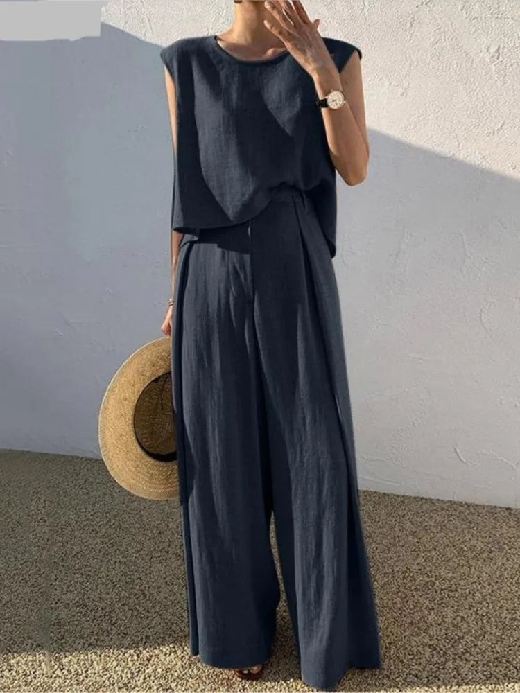 Lady Casual Loose 2 Piece Sets Fashion O-Neck Sleeveless Pullover Tops+wide Leg Pants Two Piece Sets For Women Summer Office New