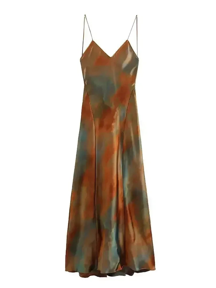 2025 Summer New Women's Open Back Sleeveless Dress Fashion Satin Mid Length Dress Printed Sexy V Neck Sling Dress