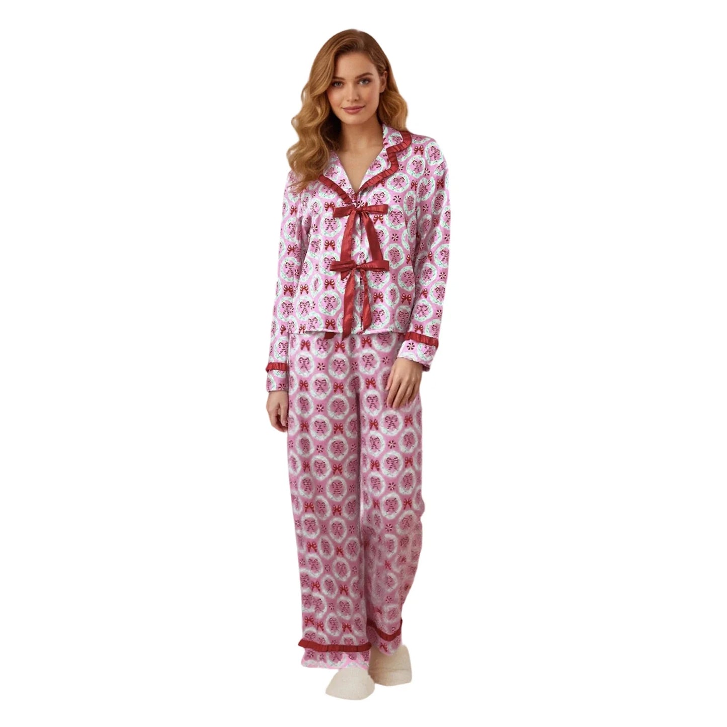 Women's 2025 Christmas Pajama Sets Fashionable Santa Printed Front Tie Ruffle Tops with Pants Two Pieces Soft Sleepwear