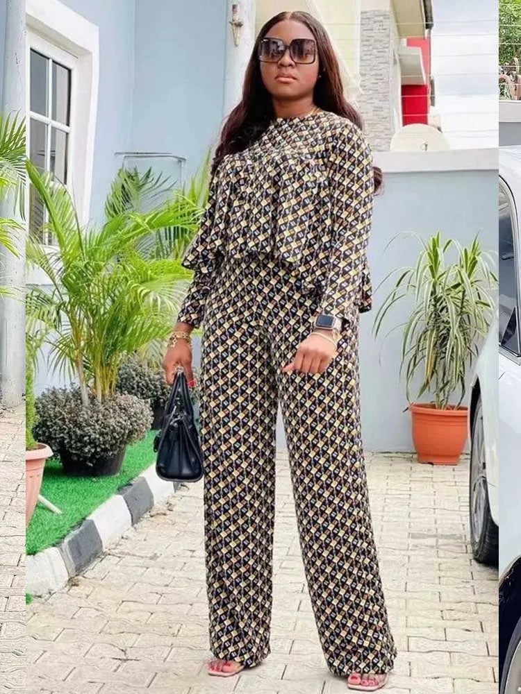 New in Matching Sets Autumn Long Sleeve Plus Size Women 2 Piece Sets Plaid Blouse and Pants Suits Elegant Lady Wear Outfits