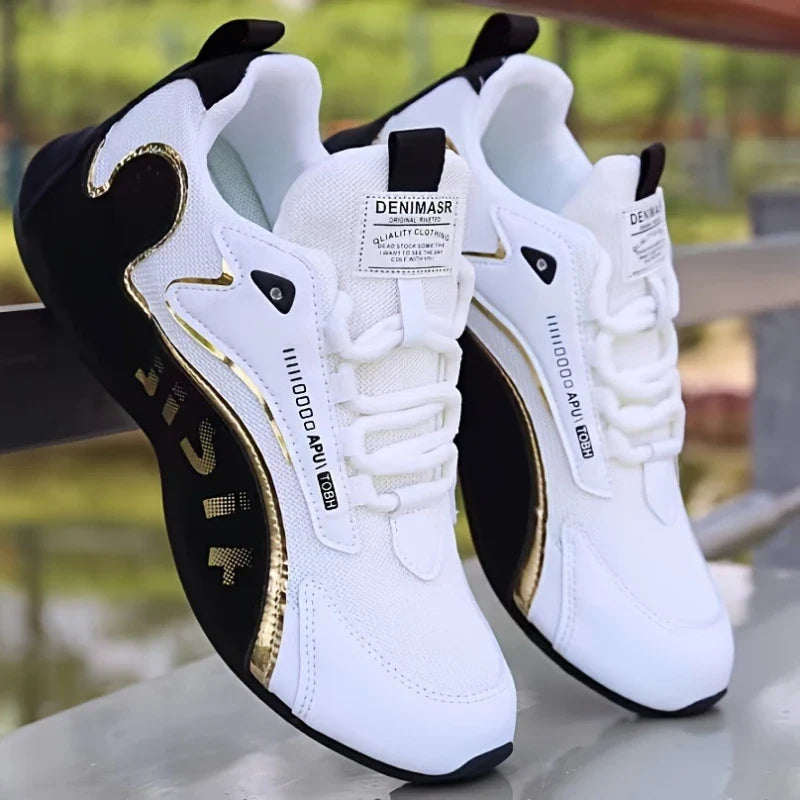 Men'S Black And White Gold Accent Running Shoes Breathable Mesh Upper Lightweight Non Slip Athletic Sneakers For Daily Wear
