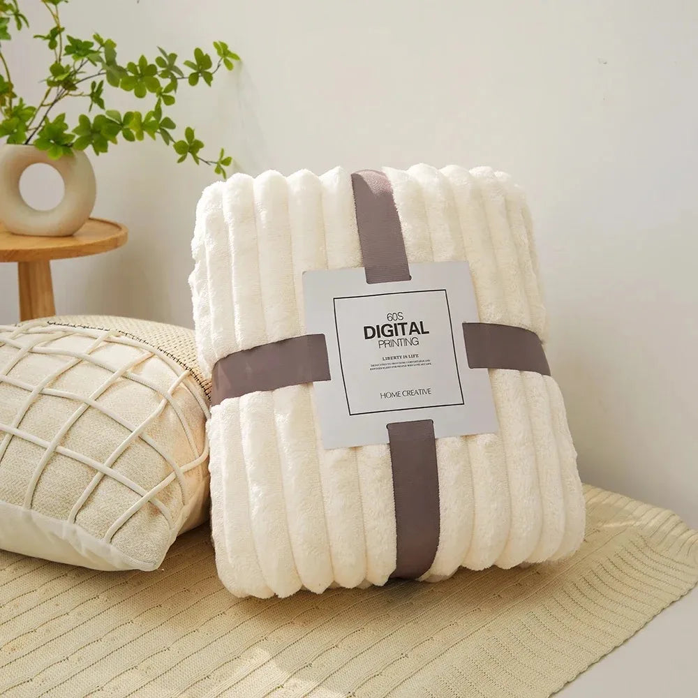 Coral Fleece Flannel Blanket 300GSM Ultra Soft Microfiber Plush Throw Blanket Warm Striped Cozy Blanket for Couch Bed Sofa