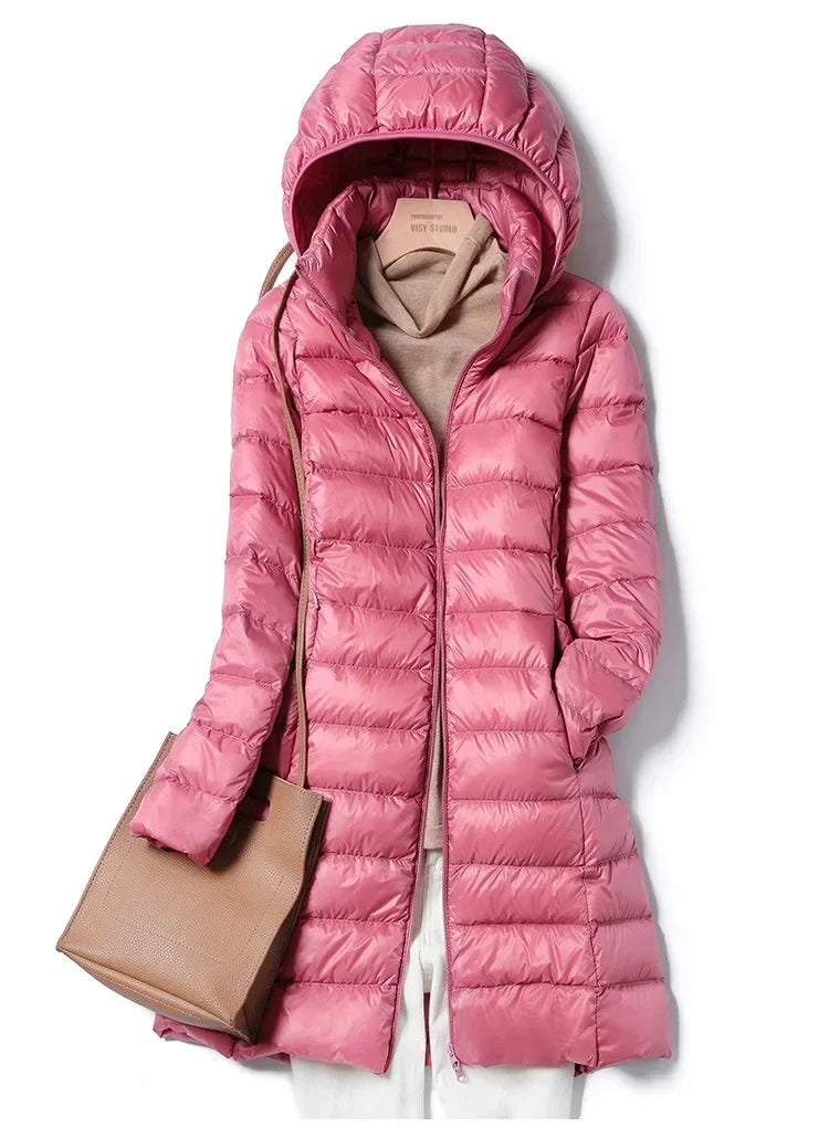 Plus Size Winter Womens Fashionable Outerwear Down Jackets Long Light Thin Coat Puffer Jacket Korean Slim Remove Hooded Parka