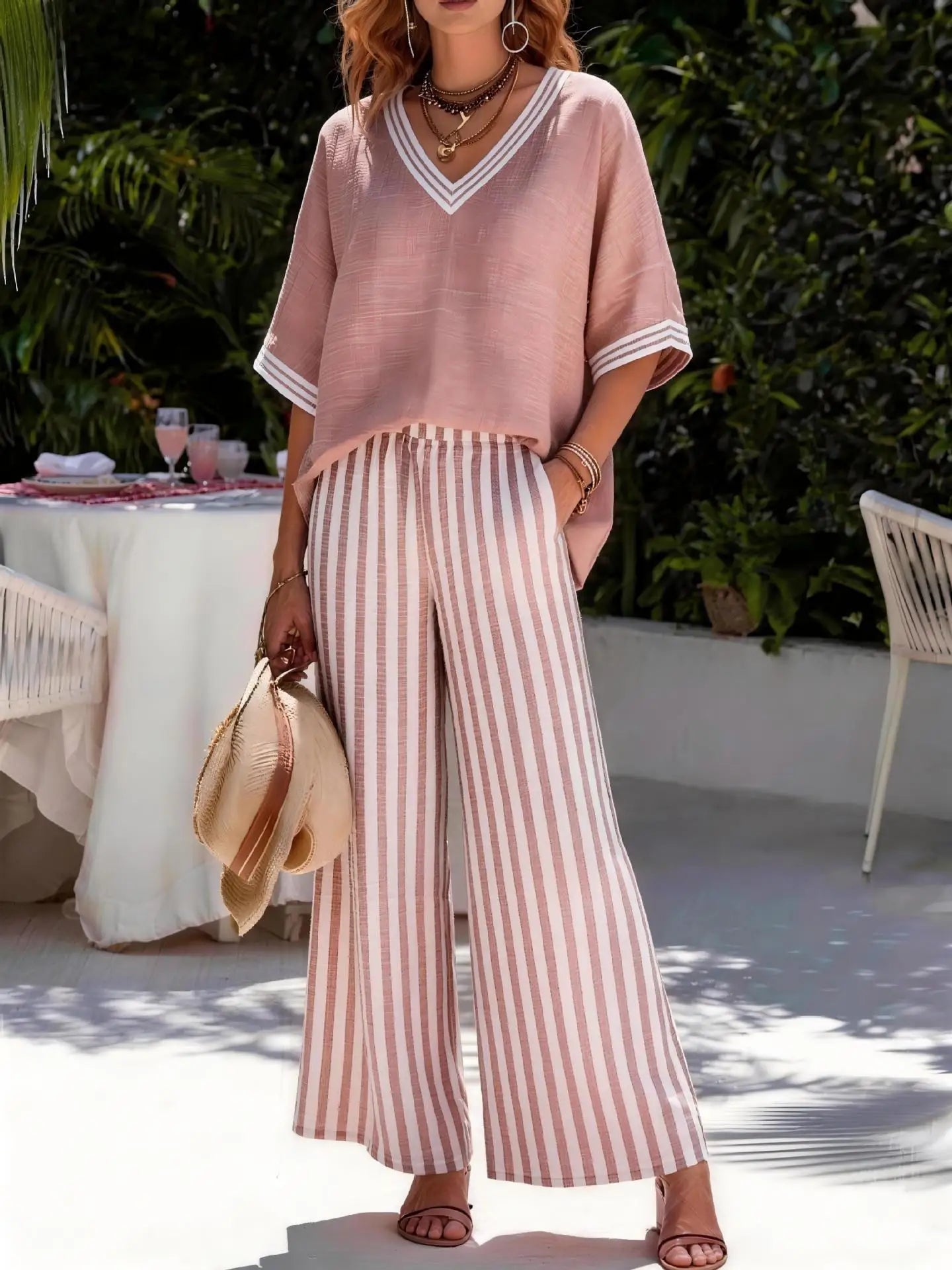 Women's Linen Two Piece Set Fashion V Neck Contrast Half Sleeve Loose Top High Waist Striped Wide Leg Pants Summer Casual Outfit