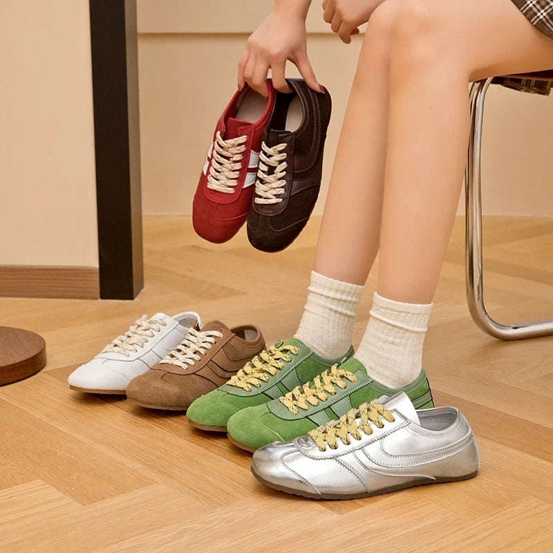 German Training Shoes Women 2026 New Genuine Leather Women Sneakers Flat Lace-up Retro Large Size Forrest Gump Shoes Women