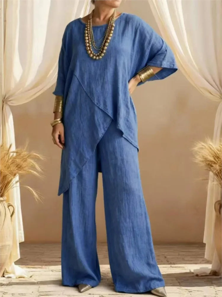 2026 Fashion Loose Women's Matching Sets Casual Half Sleeve Loose Tops And Wide Leg Pants 2 Piece Outfits Woman