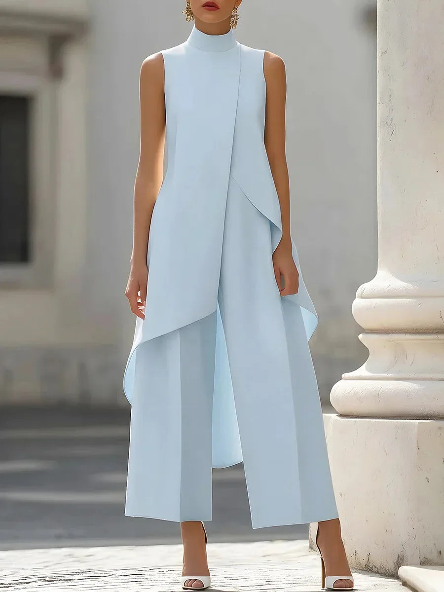 Women High Neck Sleeveless Asymmetric Tunic Wide Leg Pants Set Elegant Formal Business Office Two Piece Outfit
