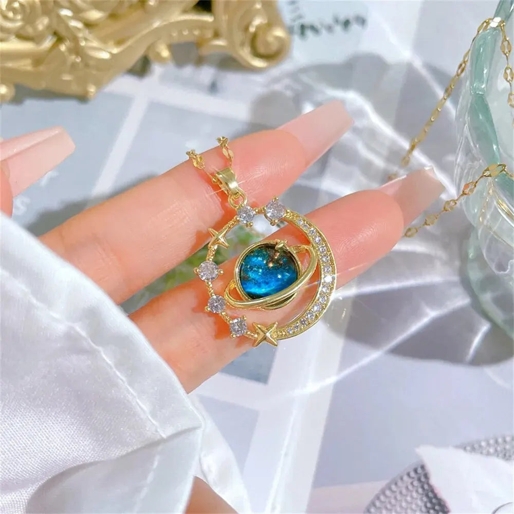 Stainless Steel Clavicle Chain Exquisite Starry Sky Planet Light Luxurious Temperament Gorgeous Necklace Star and Moon Versatile