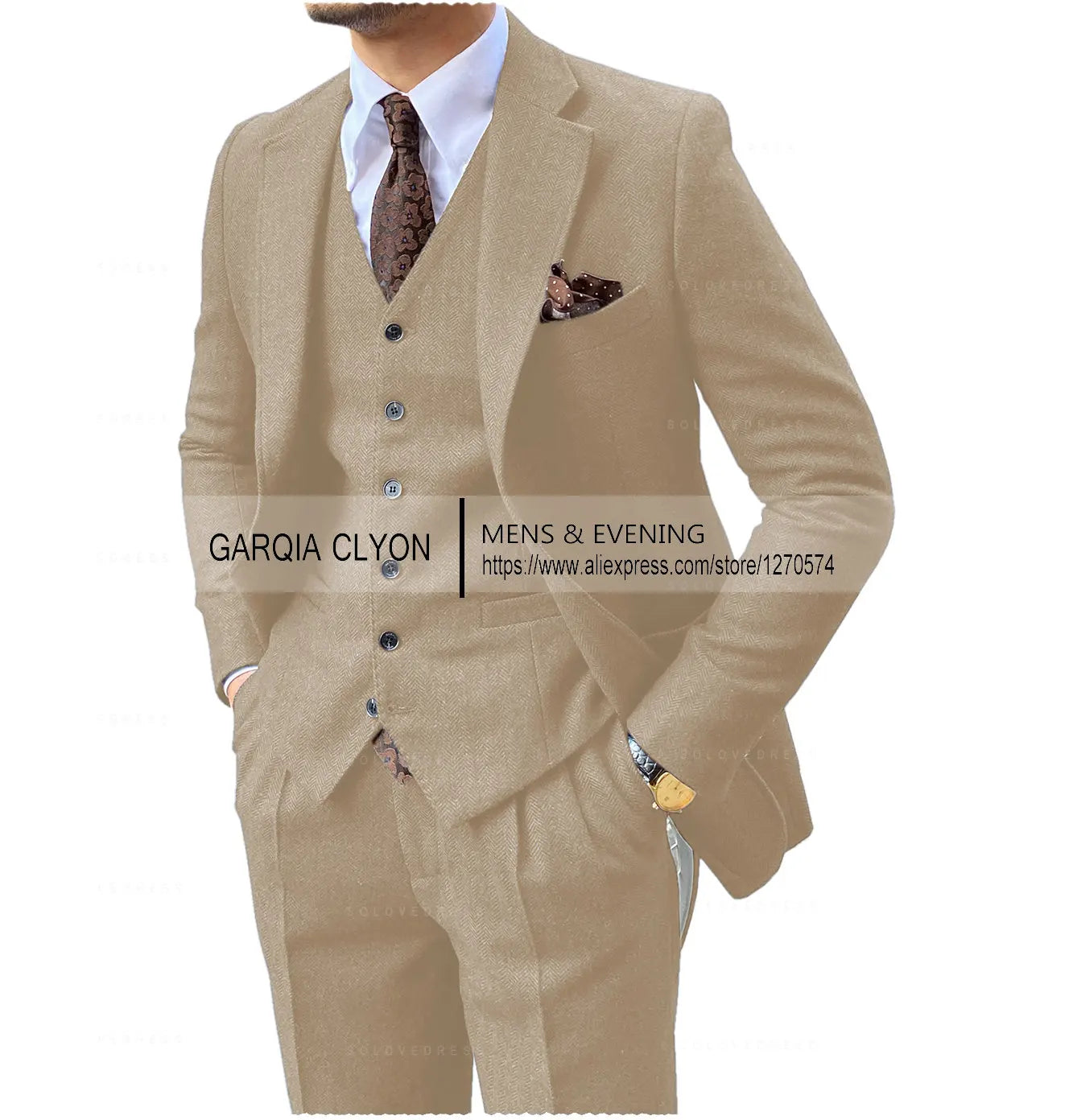3 Pieces Men's Suits Tweed Herringbone Slim Fit Business Cauasl