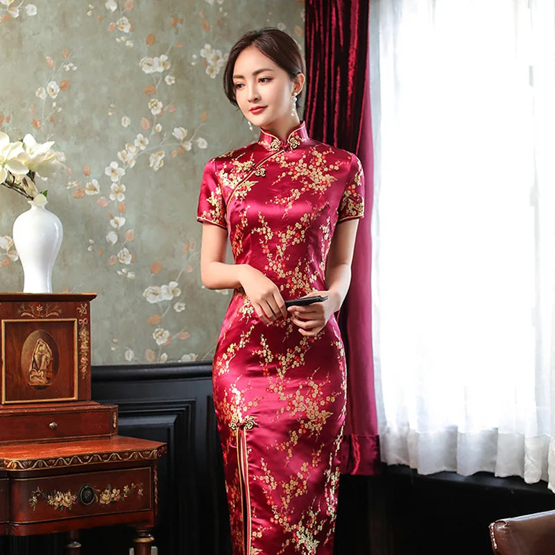 Large Size Sexy Slim Long Qipao Dress Women Retro Elegant Cheongsam Short Sleeve Brocade Dragons and Phoenixes Clothes Vestidos