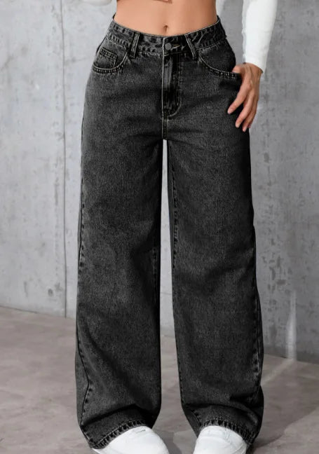 Fashion Solid Color High-Waisted Straight-Leg Jeans Women Loose Pockets Jeans Suitable Daily Casual Jean