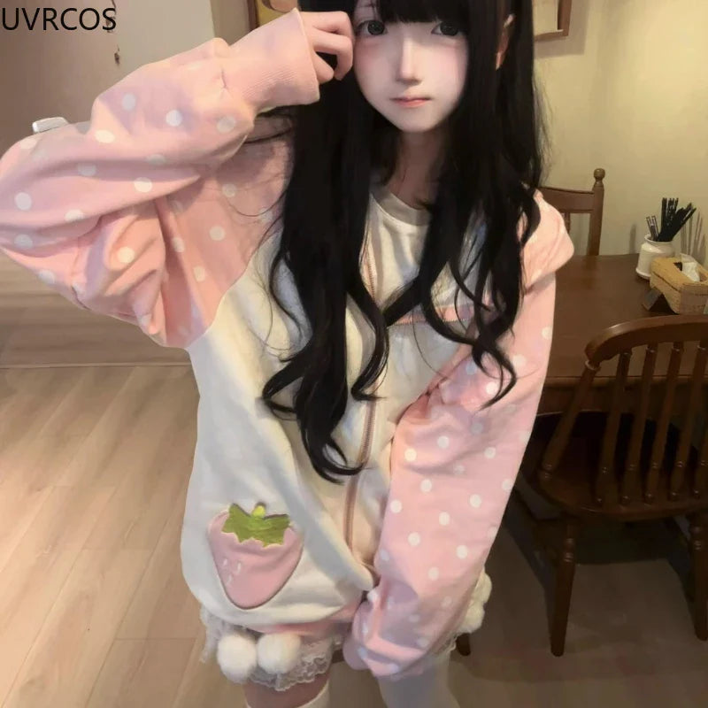 Sudadera con capucha Harajuku de conejo fresa