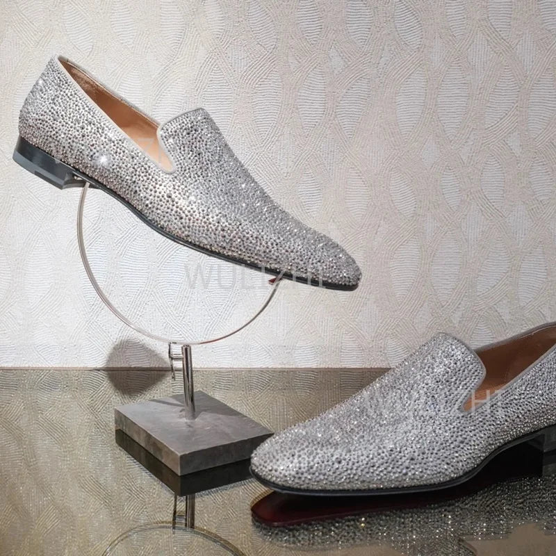 Gold Full Crystal Shiny Men's Loafers Wine Red Black Gradient Oxfords Flat Shoes Party Luxury Clogs Round Toe Casual Print Shoes