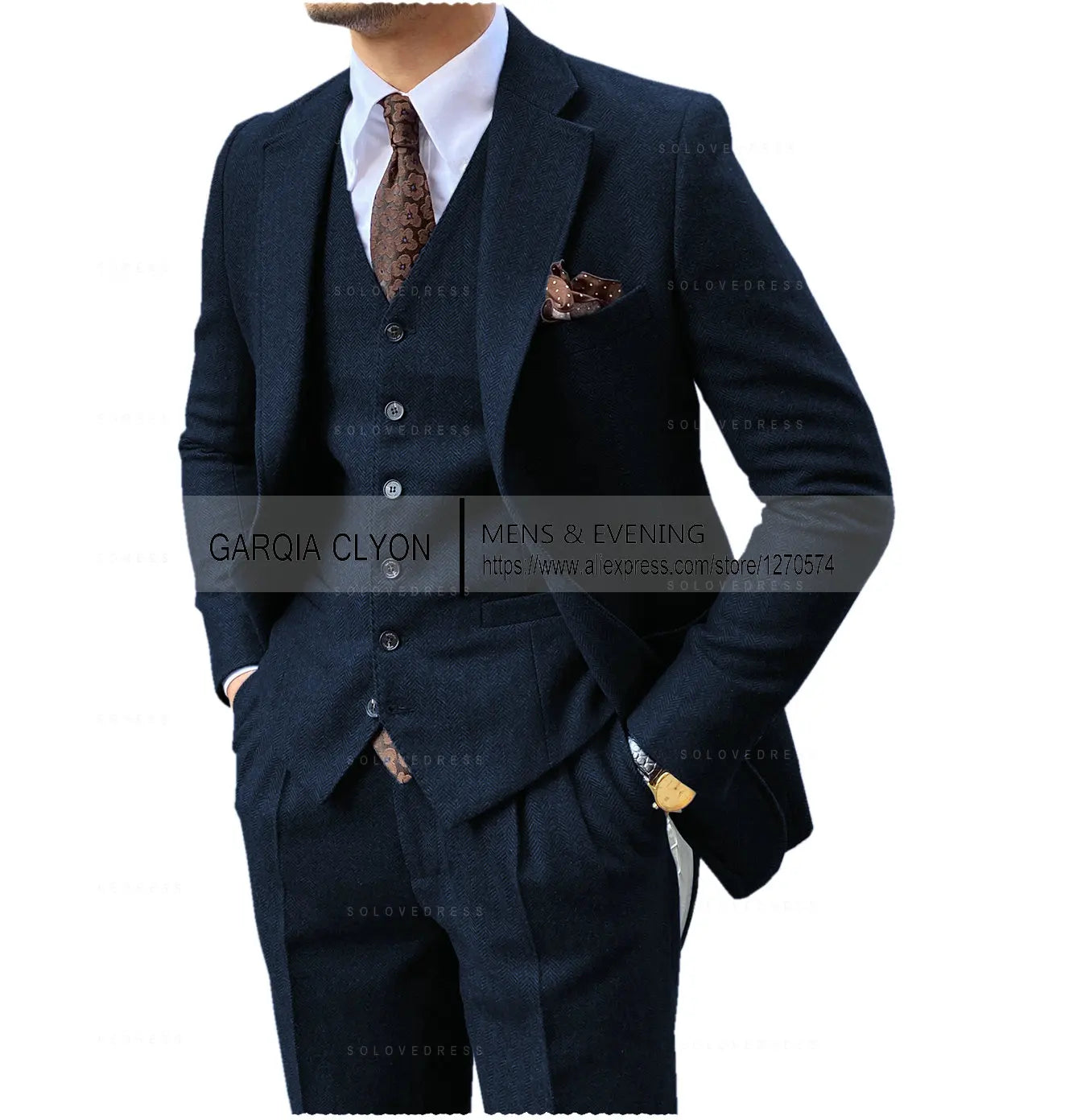 3 Pieces Men's Suits Tweed Herringbone Slim Fit Business Cauasl