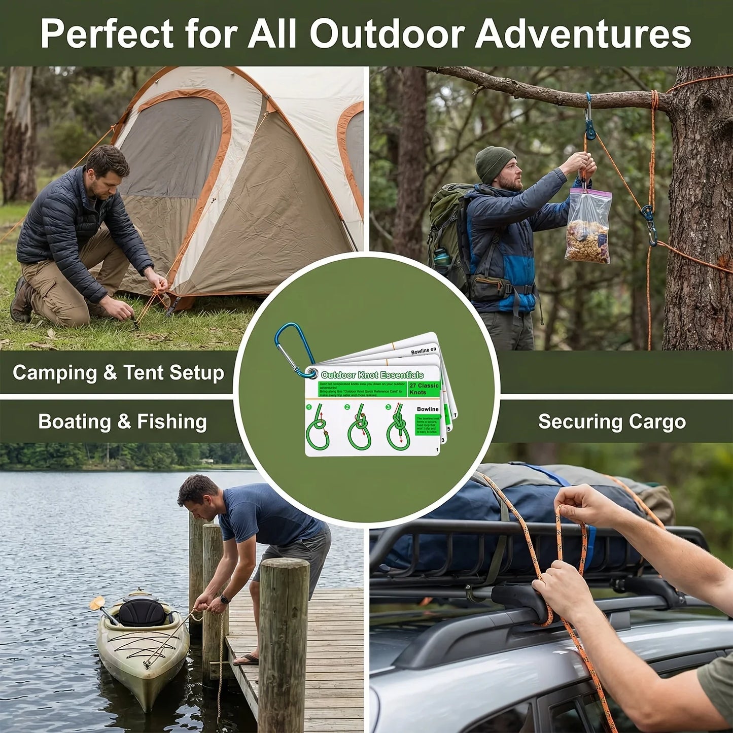27 Knots Camping Hiking Guide Cards Set, Durable PVC Portable Reference with Carabiner Keychain, for Tent Setup & Outdoor Usage.
