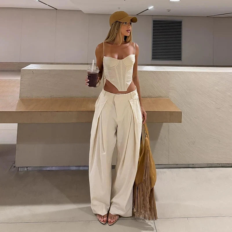 Fashion Slim Fishbone Corset Pant Set Women Sexy Slim Sleeveless Backless Crop Top Wide Leg Pants 2026 Summer Lady Solid Outfit