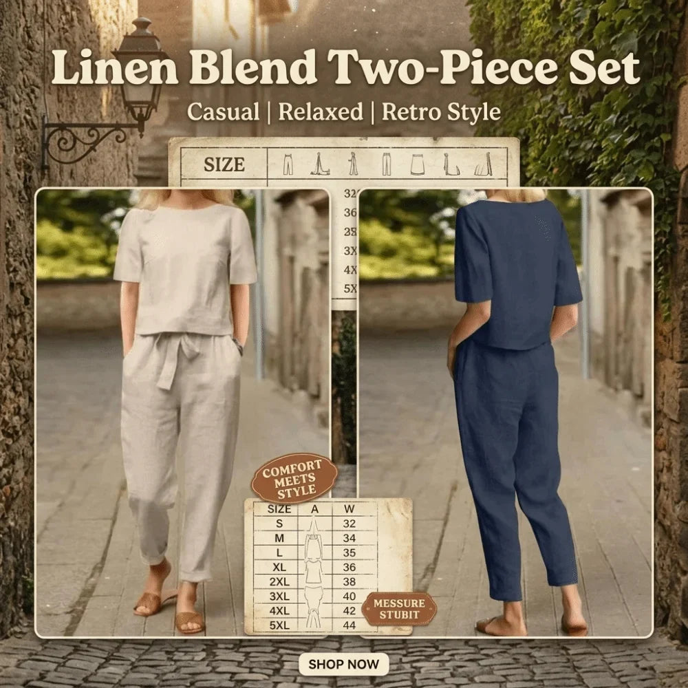 Half-sleeved Women's Cotton Linen Suit Elastic Waist Wide-leg Two-piece Set Round Neck Comfortable Summer Matching Suit