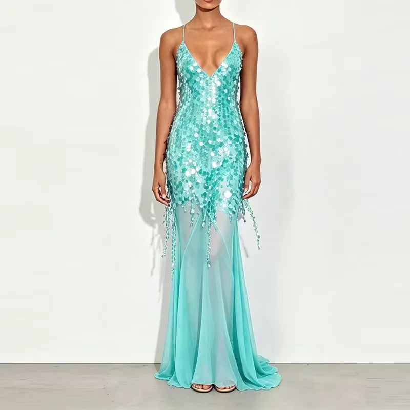 Sexy Hollow Sleeveless High Waist Evening Dress 2025 Casual Off Shoulder Suspender Dresses Lady Deep V Sequin Slim Mermaid Dress