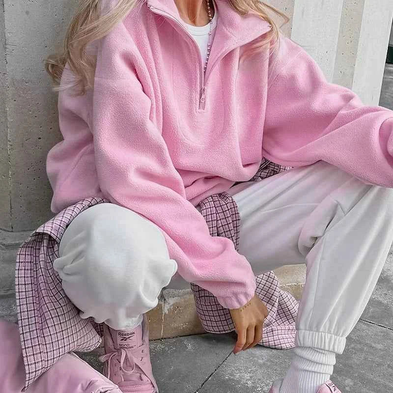 Sudadera con capucha y cremallera de vellón de cordero CozyPink para mujer