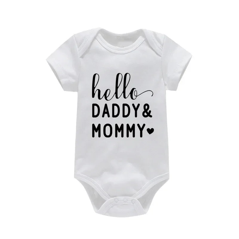 Hello Daddy Mommy Newborn Baby Bodysuit Pure Cotton Short Sleeve Summer Jumpsuit Cute Baby Onesie