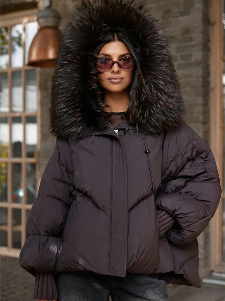 Women Winter Goose Down Jackets Real Fox Fur Collar Hooded Thick Natural Raccoon Fur Female Outwear Warm Loose Puffer Coats