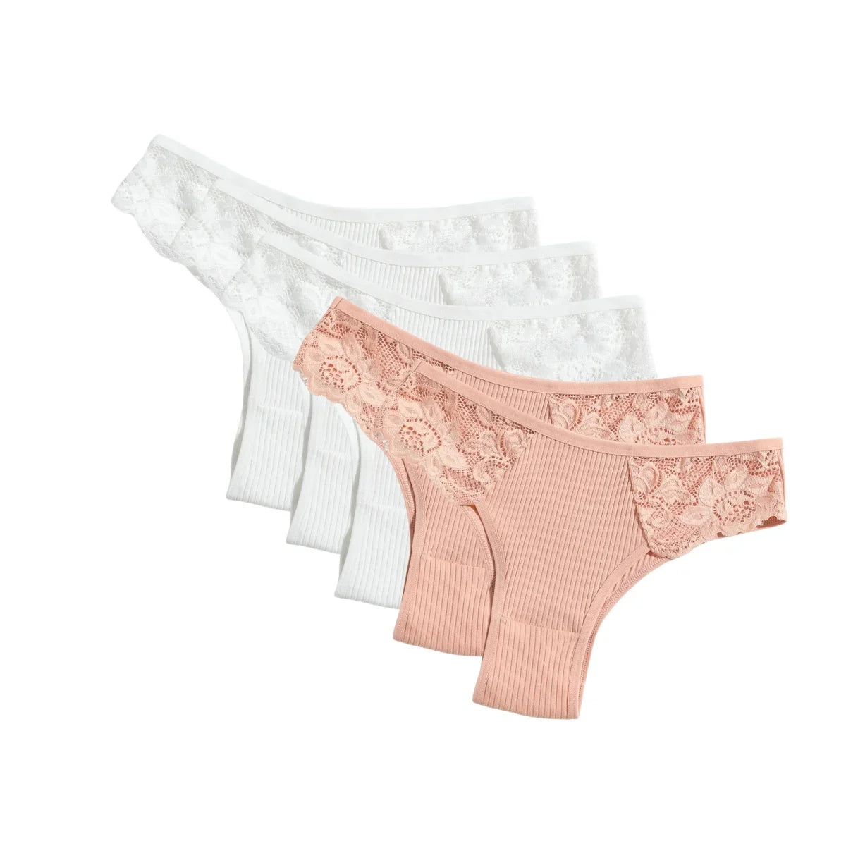 5Pcs/Set Women Cotton Panties Floral Lace Side Panel Low Rise Rib Briefs Low Cut Underwear Comfort Sexy Lingerie Daily Bikini