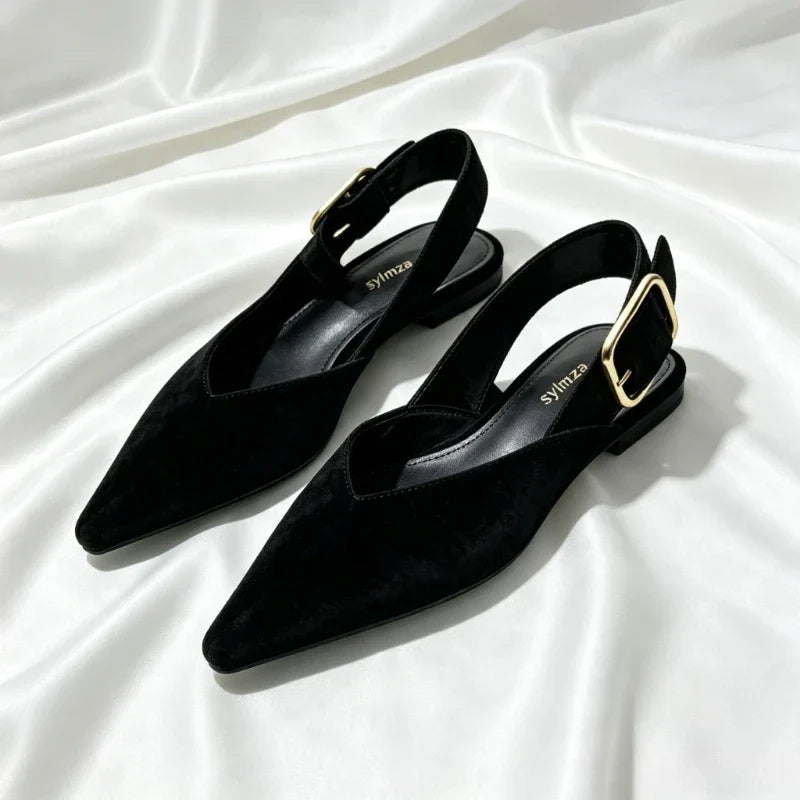 Fashion Back Strap Metal Buckle Flat Pumps Women Retro Brown Faux Suede Pointed Toe Slingback Loafers Comfortable Women Shoes