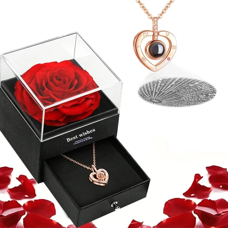 Preserved Red Rose with I Love You Necklace, for Women, Mom, Wife,Christmas Valentines Day Mothers Day Anniversary Birthday Gift