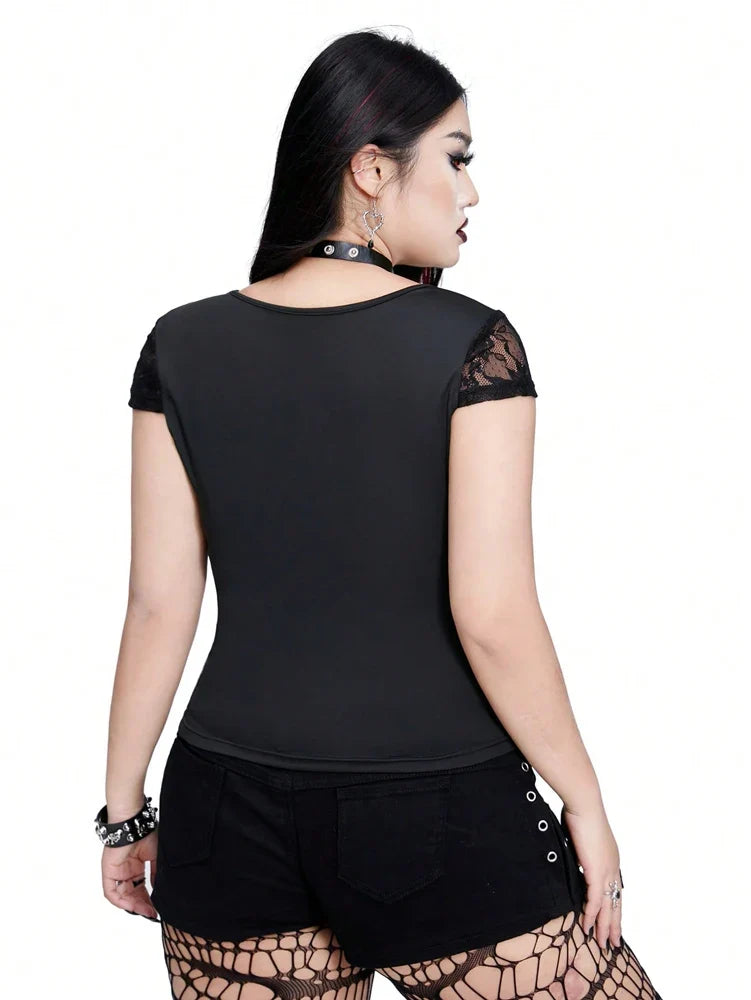 Plus Size  Sexy V-neck Bow Lace Sheer Blouse  Slim-fit Top    Y2K Style  Halloween Collection Black Cat T-shirt