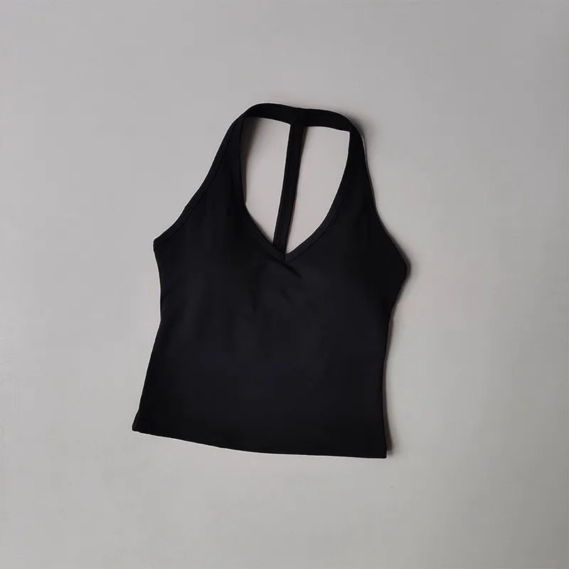 Women's Summer V-Neck Yoga Sports Vest Hanging Back Neck Design Outdoor Running Training Gathered Fit Active Wear Top