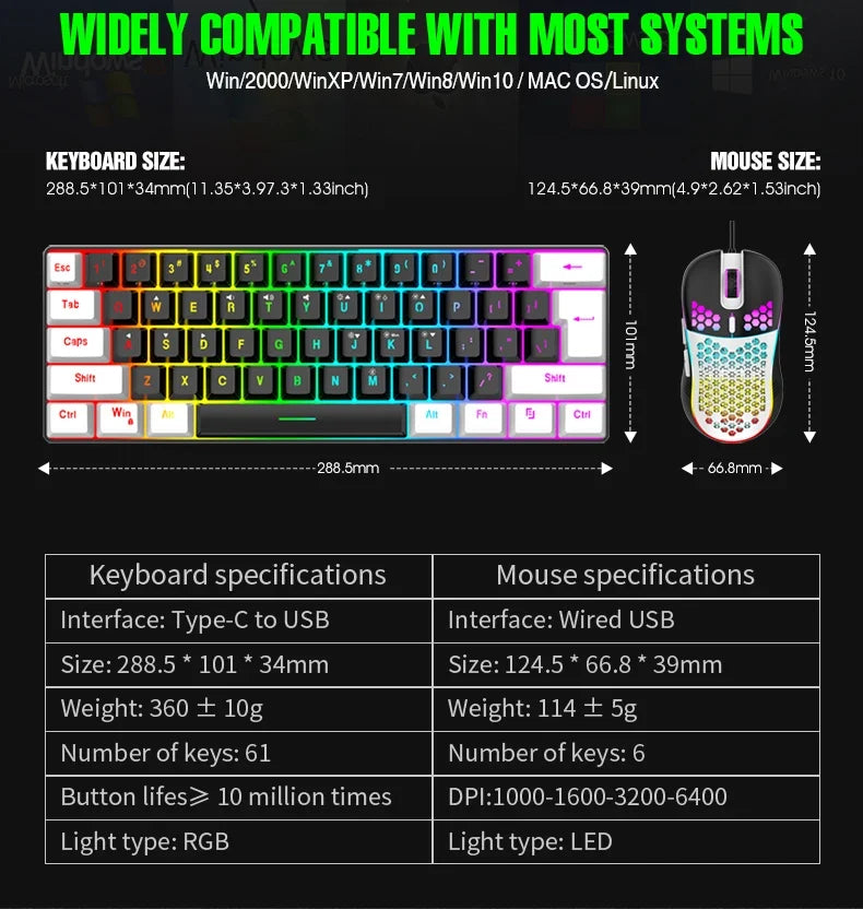 Wired 61-Key Mini Keyboard and Mouse Combo with RGB Backlight - Keyboard Mouse Set for Desktop or Laptop Computers