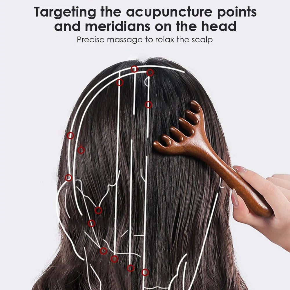 Natural Golden Sandalwood Six-Claw Scalp Massager Gua Sha Tool Back Scratcher Spa Handheld Meridian Massage Comb Hair Care