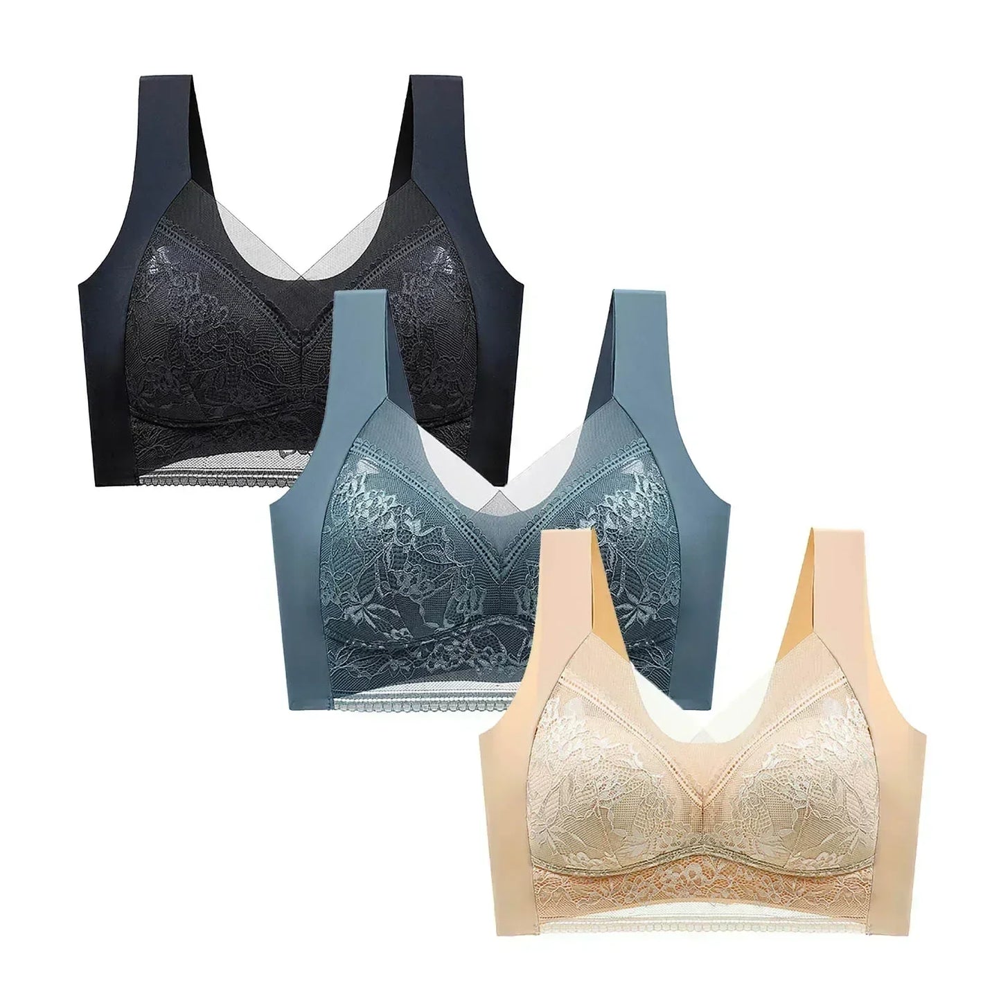 FallSweet Sujetadores Push Up de Encaje para Mujer, 3 Piezas, Sujetador Inalámbrico Sexy de Seda de Hielo, Bralette de Copa Profunda, Lencería Femenina, Ropa Interior para Mamá L-5XL