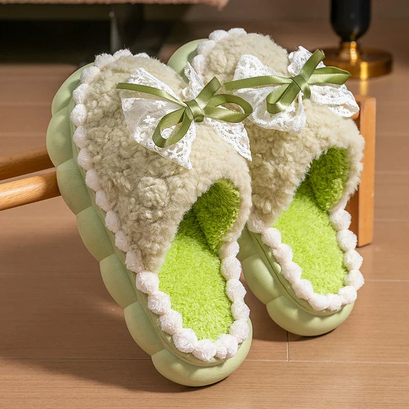 Winter Warm Fur Slippers For Women Thick-Soled Household Slippers Cute Bow Non Slip Soft Home Shoes Indoor Plush Women's Slipper