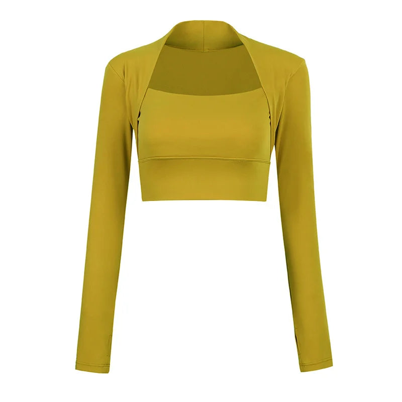 Camisetas de yoga acolchadas de manga larga, tops cortos, camisetas de gimnasio escotadas