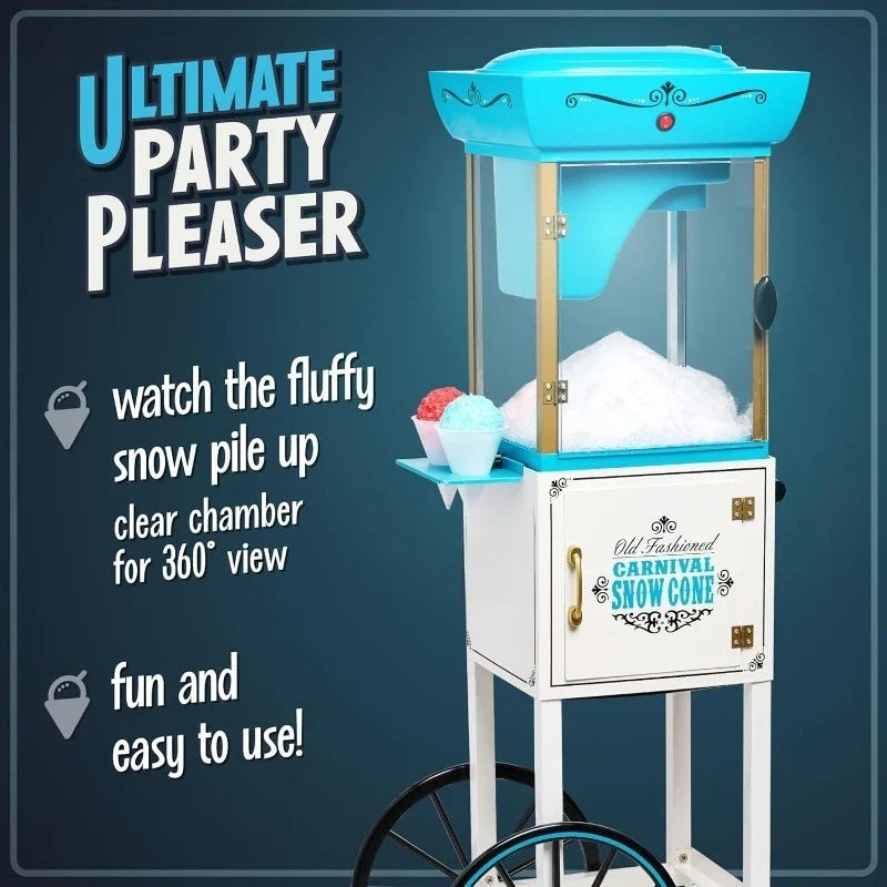 Snow Cone Shaved Ice Machine - Retro Cart Slushie Machine Makes 48 Icy Treats - Includes Metal Scoop, Storage Compartm