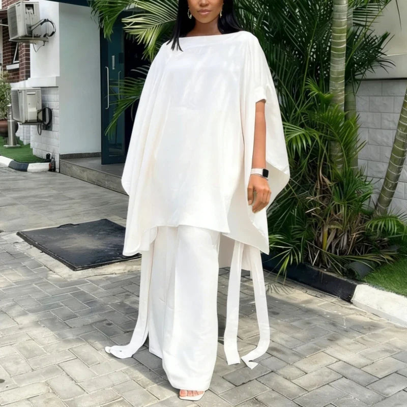 Two Piece Set Women O Neck Short Sleeve Loose Maxi Tops Wide Leg Pants Suit Fashion Elegant Simple Casual Africa Church Outfits