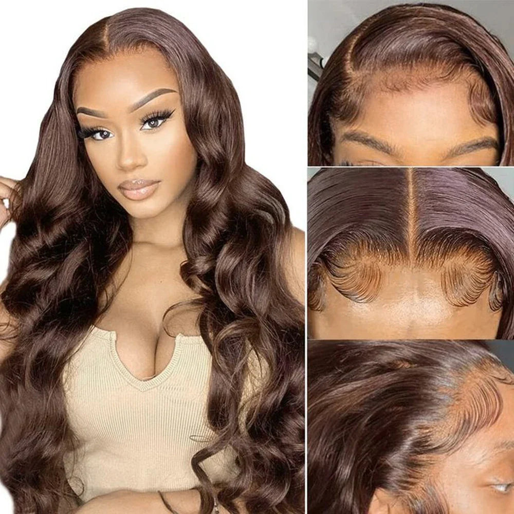 Pelucas delanteras de encaje sintético 13X4 sin pegamento para mujer, peluca de ondas corporales marrón chocolate 13X6, peluca frontal de encaje precortada, densidad 200%.