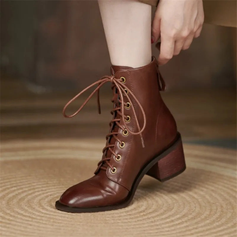 Women's Round Toe Split Leather Boots with Chunky Heels