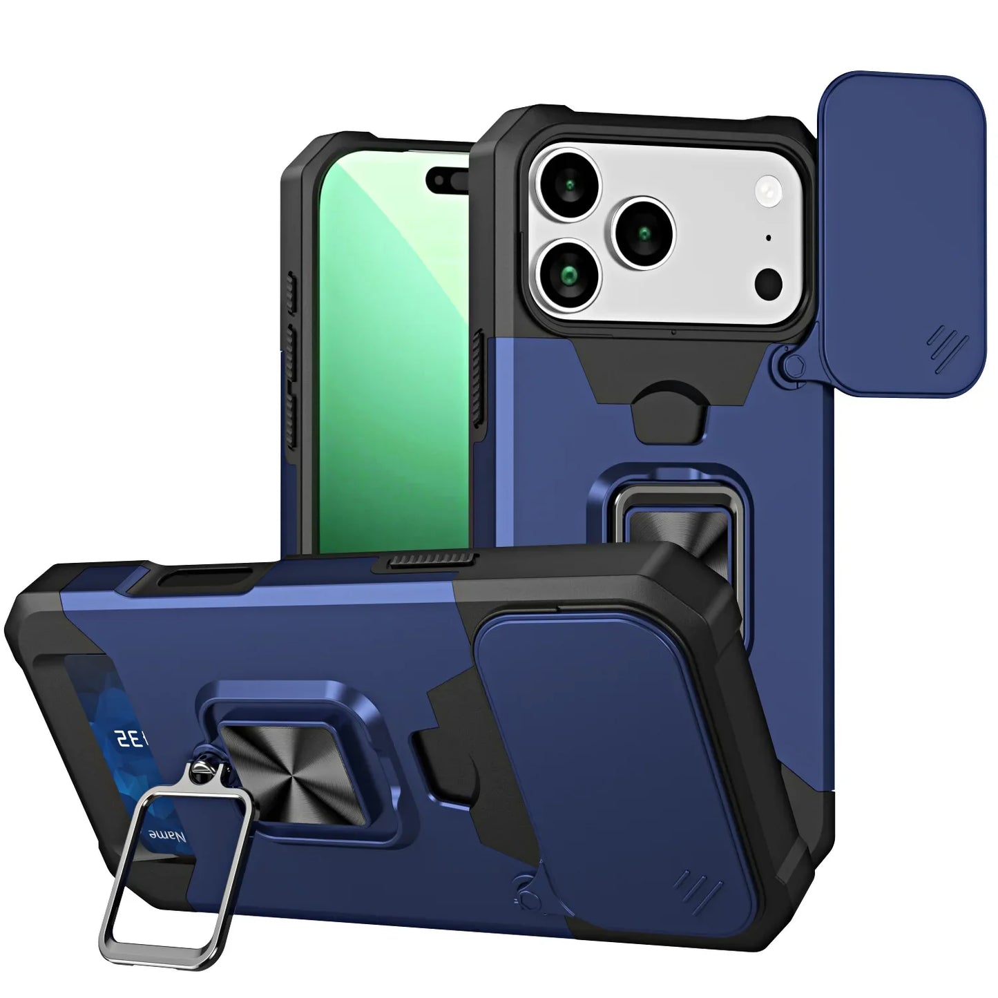 Case For iPhone 17 16 15 14 13 12 11  Pro Max XS Plus Slide Camera Card Holder Slot Duty Wallet Protective With Ring Stand Cover