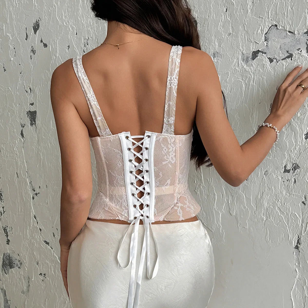 Summer Beige Lace Corset Tank Top Women U Neck Slim Fit Fishbone Waist Cinching Vest 2026 Lady Club Party Vacation Streetwear