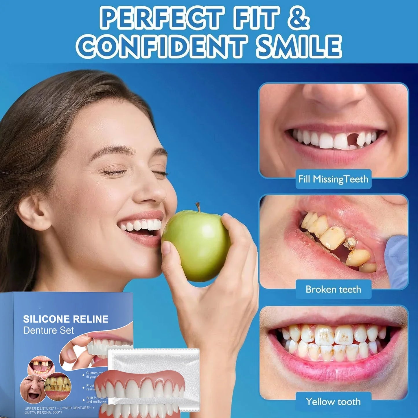 Comfort Fit Full Set Dentures Silicone Fake Teeth Natural Smile Instant Confidence Oral Care for Adults