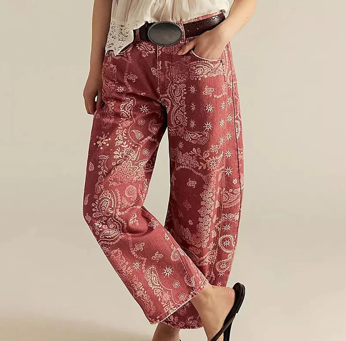 New Spring and Autumn Women's Loose Denim Flower Print Denim Pants Wide-leg Pants