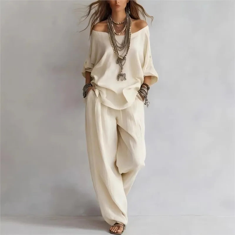 Summer New Casual Loose Linen Women's Two Piece Set Three-quarter Sleeve Off Shoulder Top Wide Leg Pants Suit Women Clothing