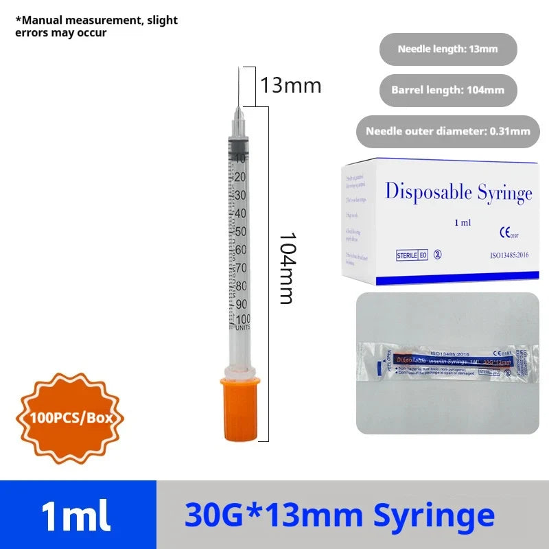 100pcs 1ml Sterile Insulin Syringe, Individually Wrapped Plastic