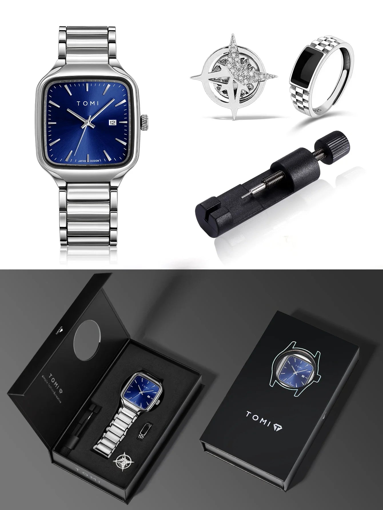 TOMI Men's Quartz Watch New Fashion Box Set Cufflinks Ring Fashion Set Box Watch as a Gift for Men's Gift Box