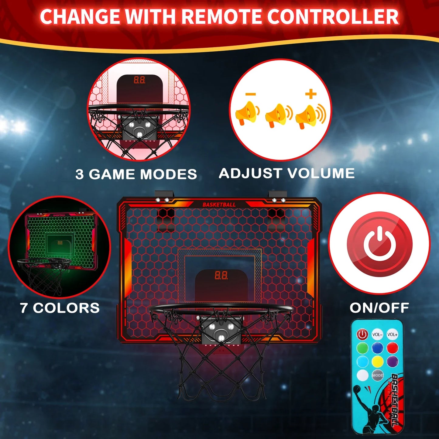 Mini Indoor Basketball Hoop with 7 LED Lights Scoreboard 3 Play Modes Adjustable Volume over Door Foldable for Kids Adults