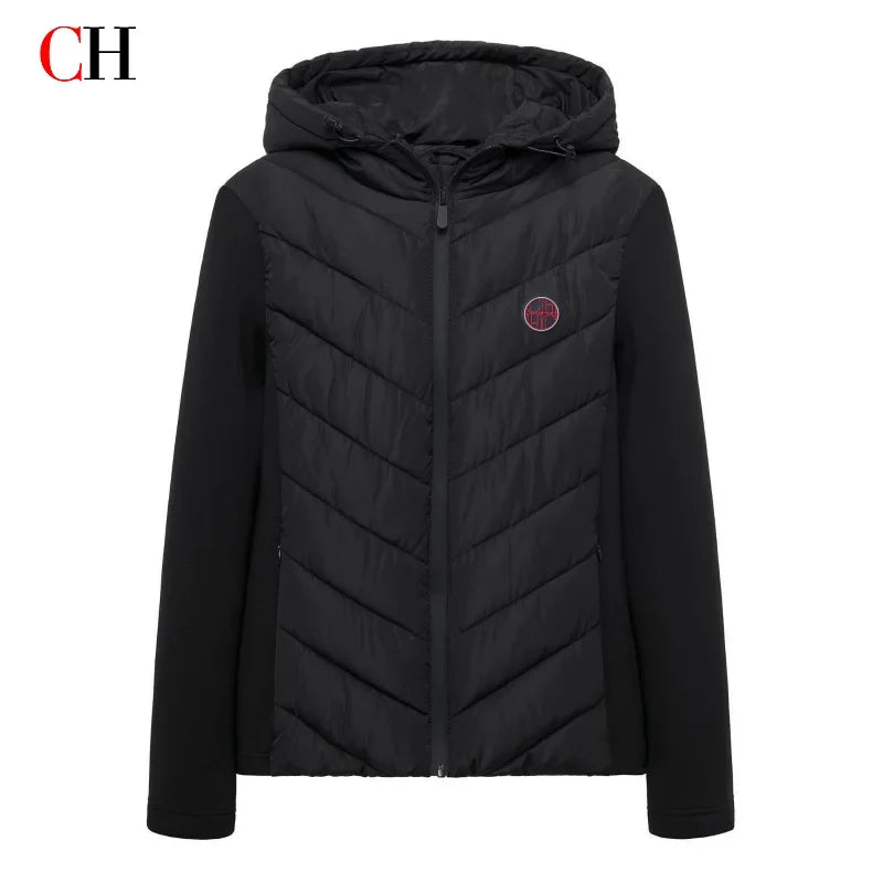 CH Womens Circular Chest Patch Badge Chevron Quilted Hooded Puffer Jacket Panel Sleeves Daily Commute Wear