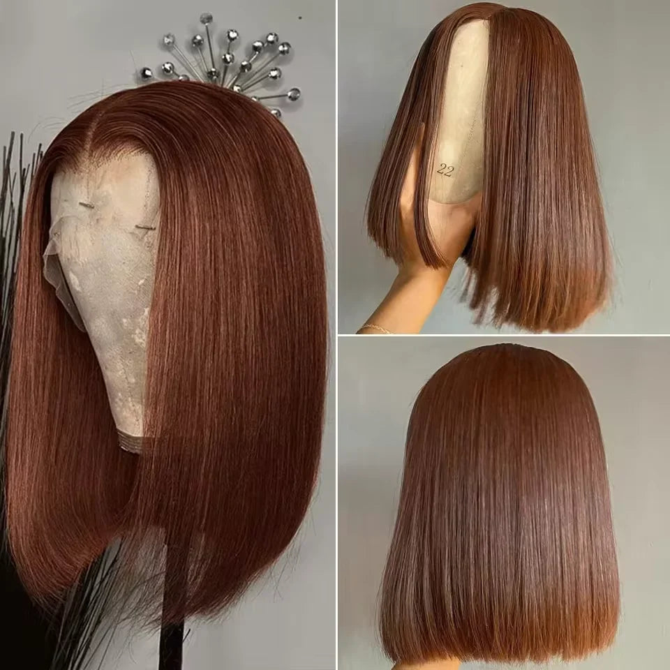 16Inch Chocolate Brown Straight Bob Wig 13X4 Lace Frontal Wig Natural Hairline Lace Front  Short Wig Human Hair 100% Pre Plucked